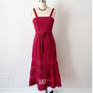 Lulus Midi Dress Burgundy Lace Swiss Dot Pom Pom Hem Red Cotton Tiered Small